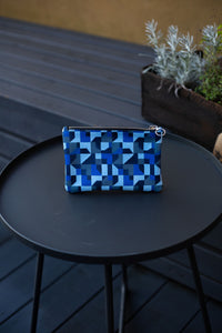 Leather Clutch Bag, Blue Abstract