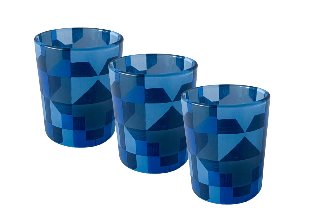 Glass Tea Light Candle Holders, Blue Abstract 3 Set