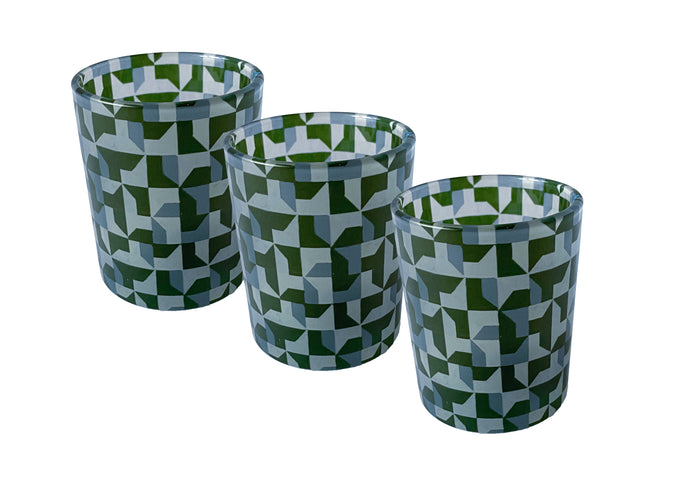 Glass Tea Light Candle Holders, Green Abstract 3 Set